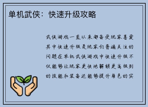 单机武侠：快速升级攻略